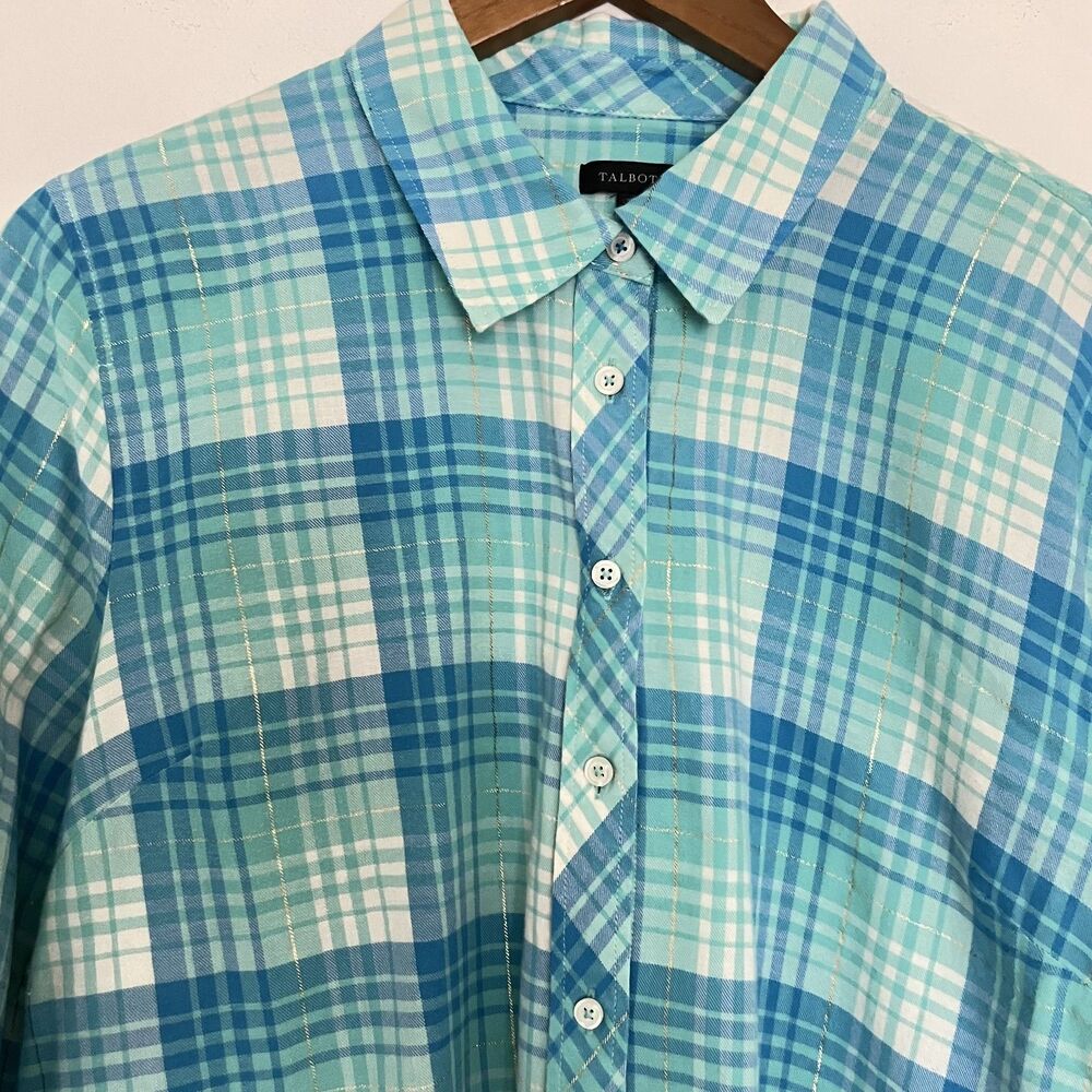 Talbots Shirt XL Flannel Aqua Blue Plaid Silver threads Button up Cotton